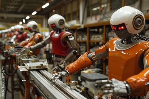 Orange robots in industrial assembly line work