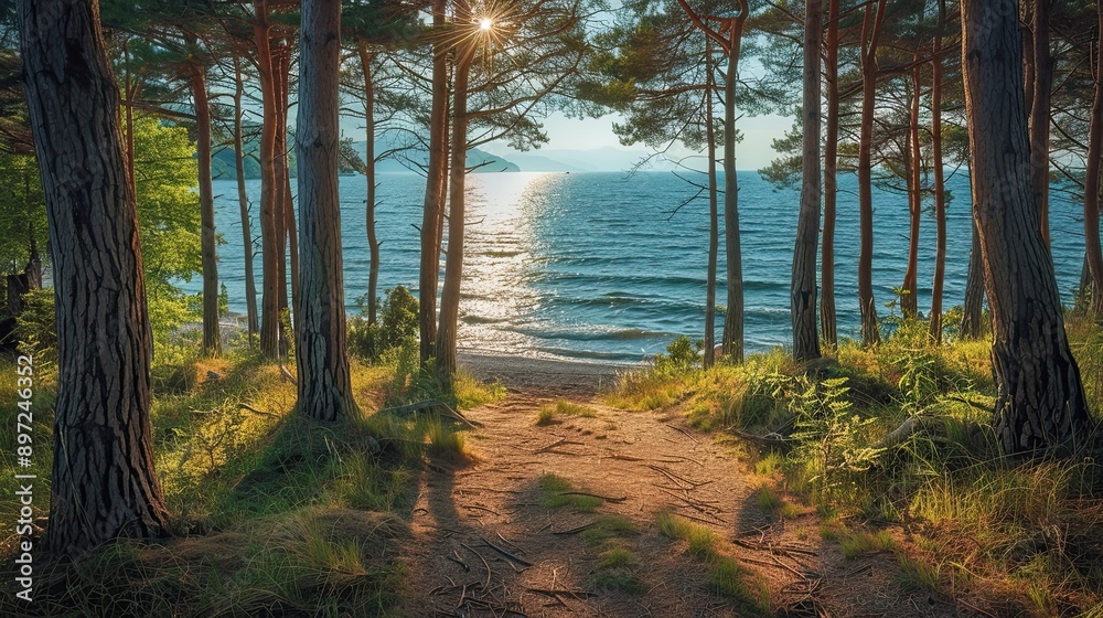 Obraz premium Forest and ocean in harmony, peaceful scenery,