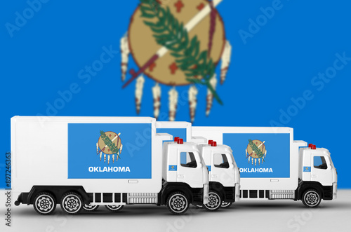 Oklahoma US state flag depicted on side wall of white delivery van close up. Shipping and local delivery concept photo