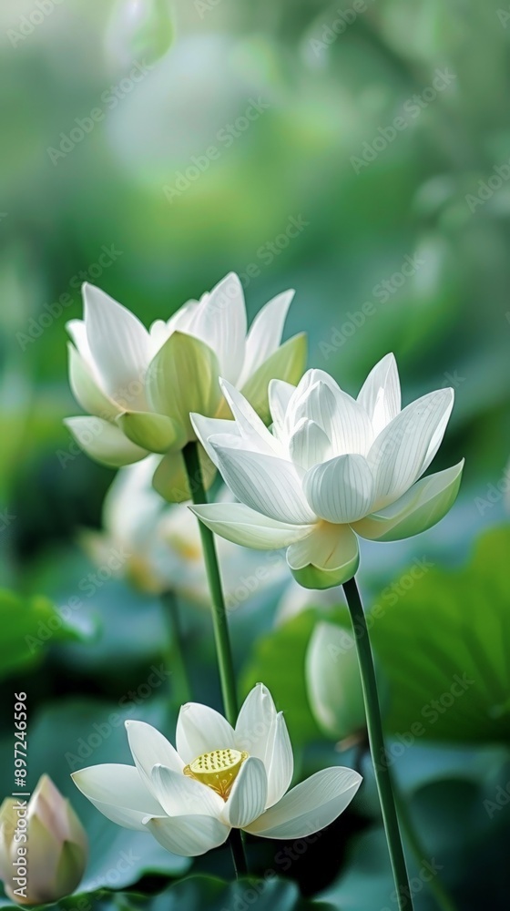 Obraz premium Three white lotus flowers bloom in a lush green garden