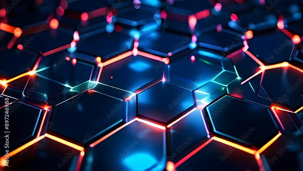 Geometric hi-tech patterns with interconnected hexagons and glowing elements, forming a sophisticated and intricate digital background design.Technology concept.Generative ai. Geometric hi-tech patterns with interconnected hexagons and glowing elements, forming a sophisticated and intricate digital background design.Technology concept.Generative ai.