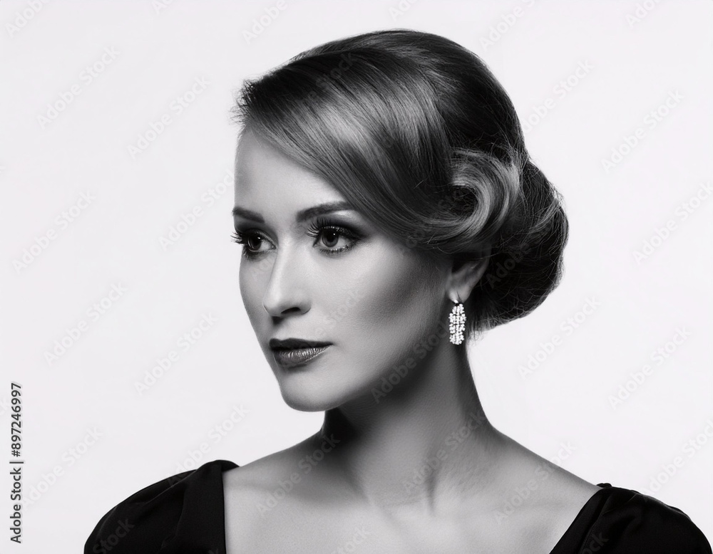 Elegant Film Noir Headshot of a Woman: Timeless Vintage Portrait with Dramatic Lighting and Shadows Elegant Film Noir Headshot of a Woman: Timeless Vintage Portrait with Dramatic Lighting and Shadows