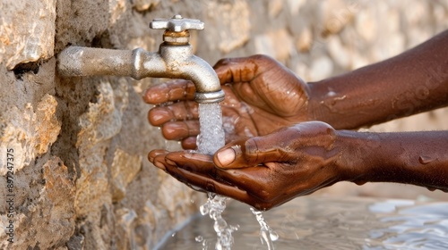 Water pours from a faucet into cupped hands, creating a refreshing spray of droplets