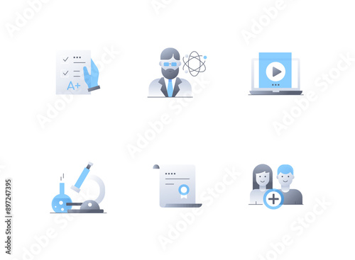 Academic success and knowledge - flat design style icons set. High quality colorful images of test with a mark, professor, video lesson, reagents and microscope, diploma with an award ribbon, students