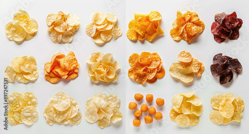 A variety of potato chips, arranged in rows and displayed on white background, with various shapes and colors.