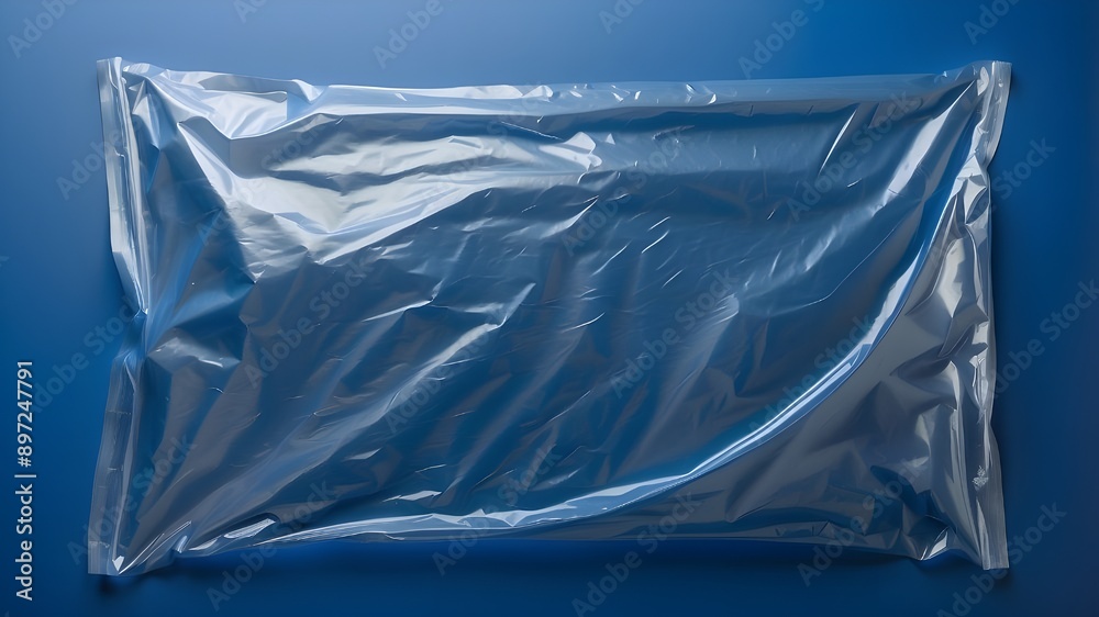 Clear plastic wrap on a deep blue backdrop. Simple, uncluttered texture overlay effect template. isolated surface branding mock-up with wrinkles