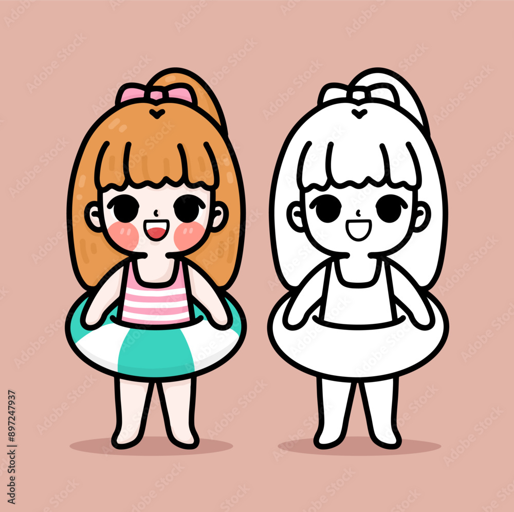 Cartoon girl wearing a swimsuit and swimming ring. coloring book. Cartoon girl wearing a swimsuit and swimming ring. coloring book.
