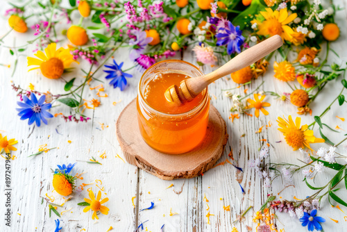 Jar of honey with a wooden spoon dipped into it, set on a wooden table with scattered flowers around.