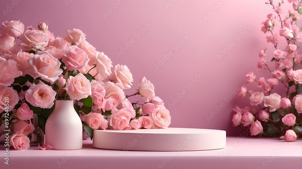 Pink spring table with a Podium backdrop blossom rose product. Summer background with garden rose flowers and podiumcosmetic cosmetic Valentine's Day, Easter, Purple Day, Romantic Field Scene Gift