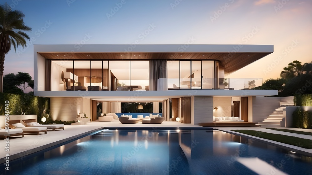 Obraz premium A luxurious residence including a Contemporary pool that opens at sunrise, modern villa construction, a resort-style hotel with exquisite external and interior design, and a backyard view