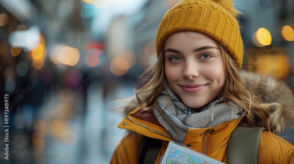 A cheerful girl wearing a yellow hat, holding a map, smiles brightly in a busy city, capturing the essence of youthful excitement and the thrill of exploring new places. A cheerful girl wearing a yellow hat, holding a map, smiles brightly in a busy city, capturing the essence of youthful excitement and the thrill of exploring new places.