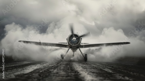 A vintage aircraft is shown taking off from a misty runway, with the propeller in motion and the background filled with clouds and steam creating a dramatic scene. photo