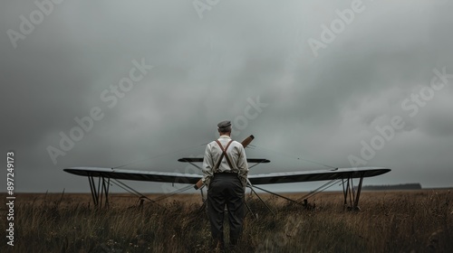 A person is seen standing in the open field behind a vintage airplane, holding a propeller in one hand and gazing towards the plane, evoking a sense of nostalgia and ambition. photo