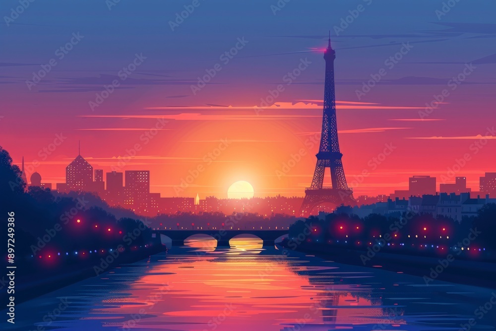 Obraz premium The Eiffel Tower in Paris against the backdrop of a beautiful sunset. vector illustration