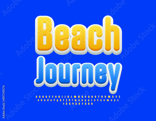 Vector travel poster Beach Journey. Sunny Yellow Font. Elegant Alphabet Letters and Numbers.