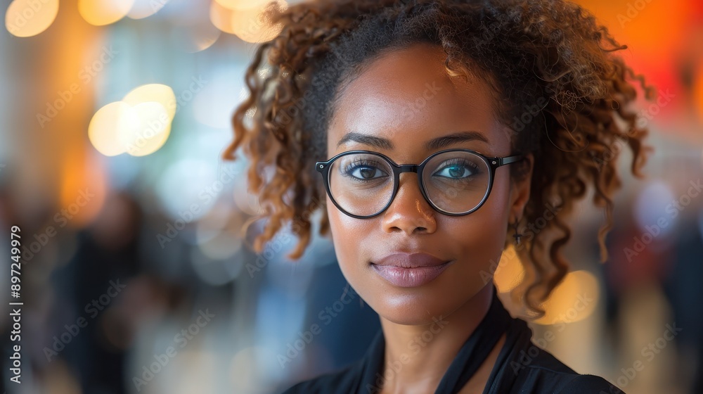 A confident woman with curly hair and black glasses, standing in a vibrant indoor setting with colorful lights. The image conveys confidence and modernity. A confident woman with curly hair and black glasses, standing in a vibrant indoor setting with colorful lights. The image conveys confidence and modernity.