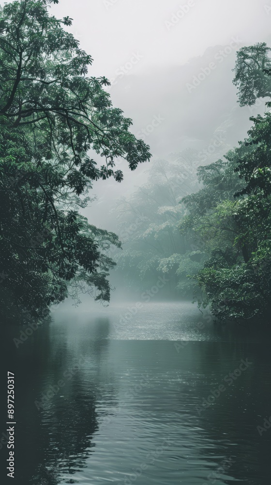 Misty river surrounded by lush greenery Misty river surrounded by lush greenery