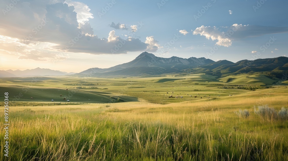 Fototapeta premium A panoramic view of a ranch with grazing livestock.