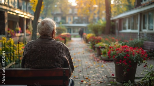 Elderly Man Sitting on Bench in Autumnal Courtyard