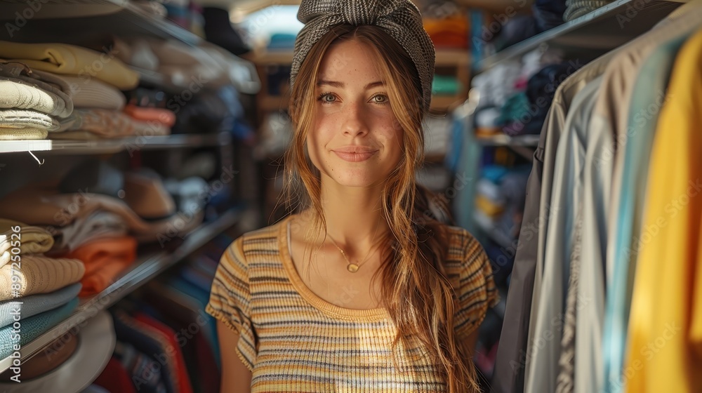 A cheerful woman in a striped shirt smiles while standing inside a cozy clothing shop, surrounded by neatly arranged clothes, embodying warmth and a welcoming environment. A cheerful woman in a striped shirt smiles while standing inside a cozy clothing shop, surrounded by neatly arranged clothes, embodying warmth and a welcoming environment.