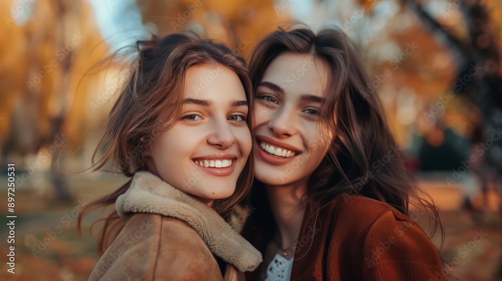 Obraz premium Happy young women friends well-dressed smiling while standing together