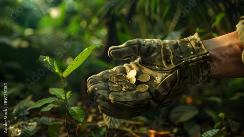 Veteran soldier s gloved fingers tenderly encircle a handful of jingling coins contrasting with the fragile sapling pushing through the lush jungle foliage behind them photo