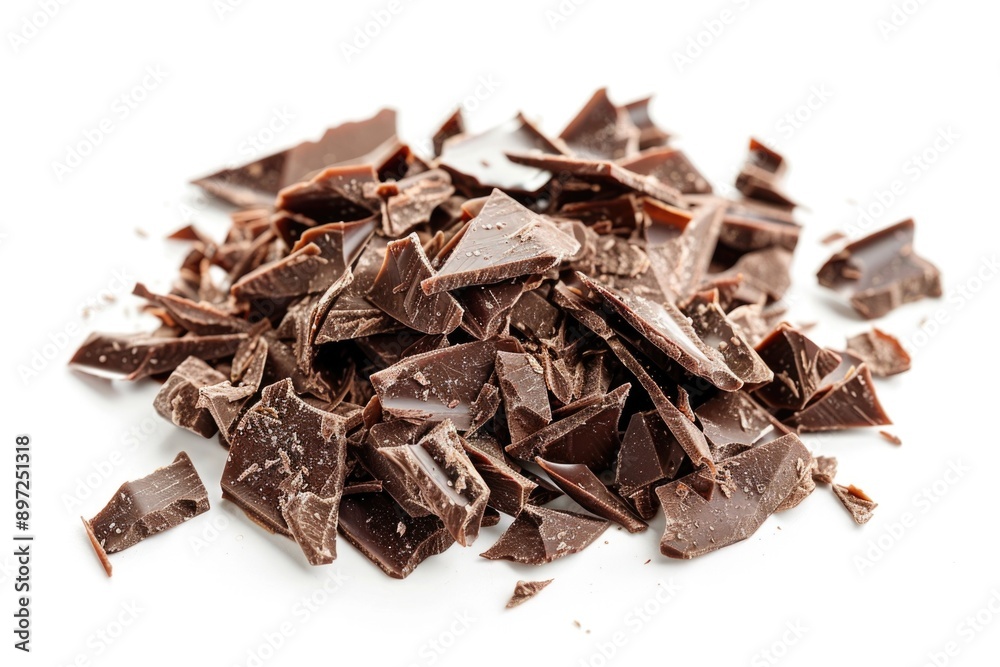 Obraz premium A collection of colorful chocolate pieces on a white background, perfect for showcasing desserts or promoting treats