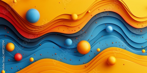 Abstract composition with vibrant waves and dynamic spheres in blue and yellow, creating colorful and energetic artwork