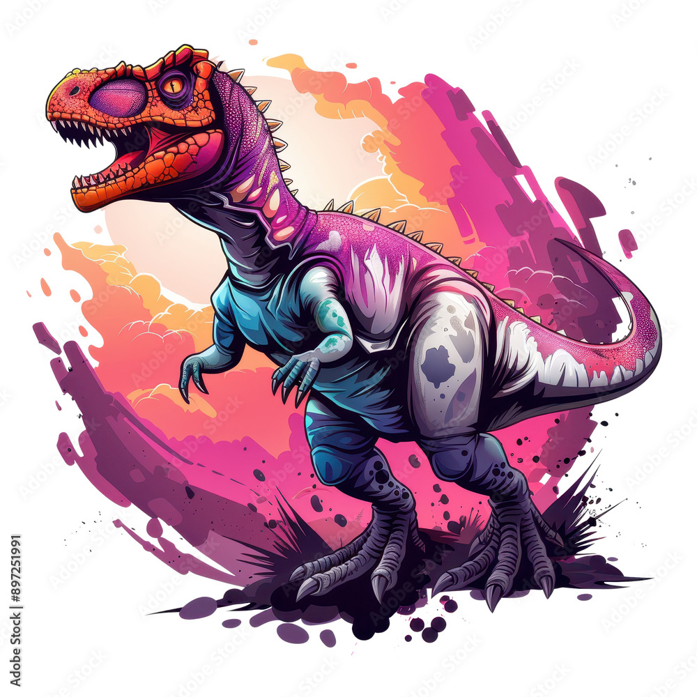 Naklejka premium A vibrant and dynamic illustration of a dinosaur, showcasing bold colors and striking features against a dramatic backdrop.