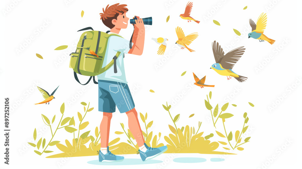An illustration of a boy birdwatching with binoculars and a backpack, surrounded by flying birds and plants, emphasizing outdoor fun and educational activities.
An illustration of a boy birdwatching with binoculars and a backpack, surrounded by flying birds and plants, emphasizing outdoor fun and educational activities.