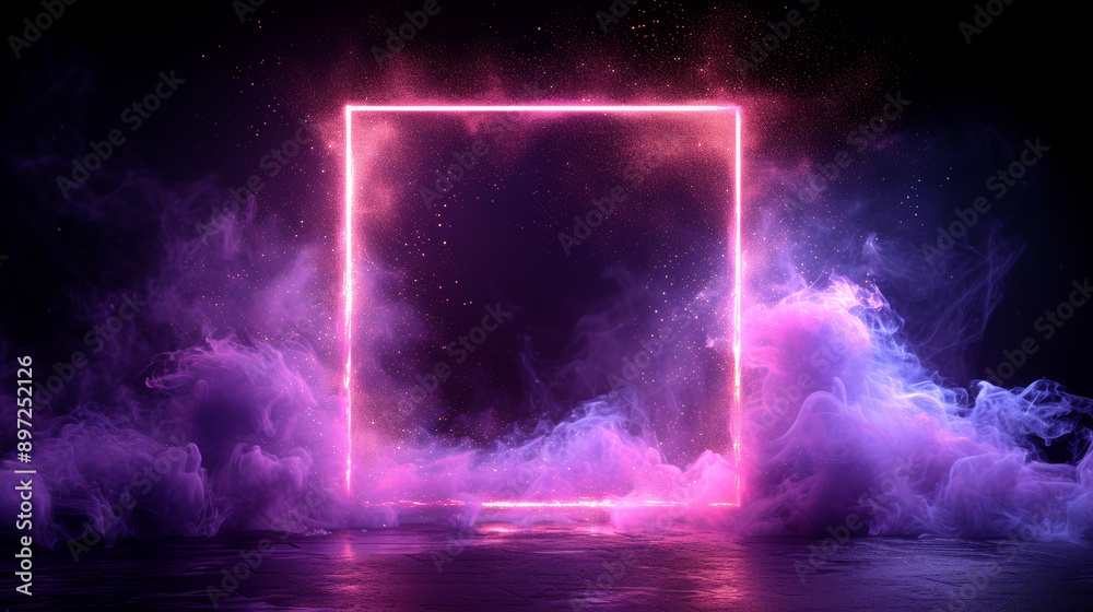 Glowing neon square portal surrounded by purple Glowing neon square portal surrounded by purple