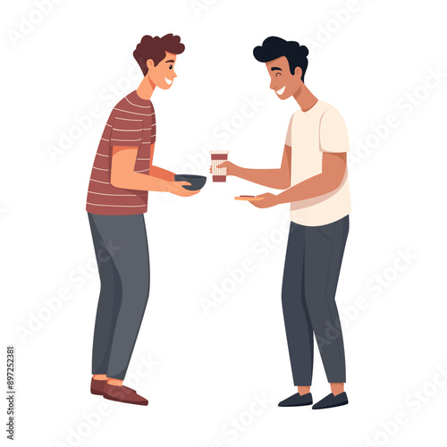 LGBT couple preparing breakfast in a bright kitchen. Two men of different races chatting during lunch break. People in flat style, on the theme of LGBT