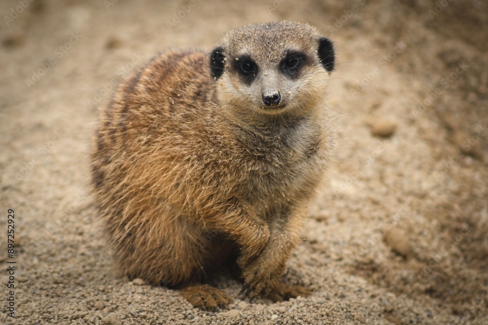 Fototapeta premium A close-up of a meerkat standing on sandy ground