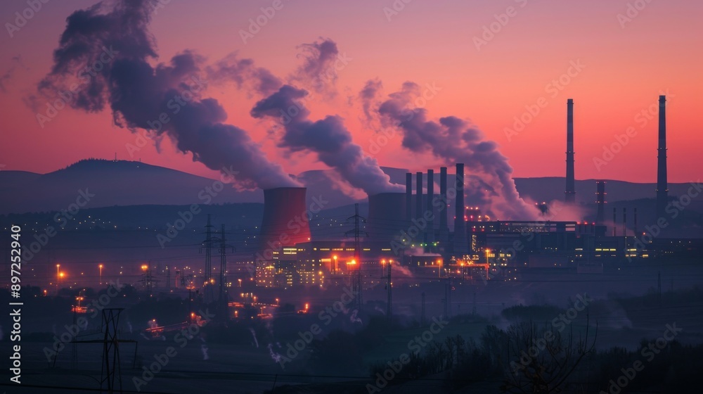 A power plant at dusk, with lights glowing and steam rising from cooling towers. A power plant at dusk, with lights glowing and steam rising from cooling towers.