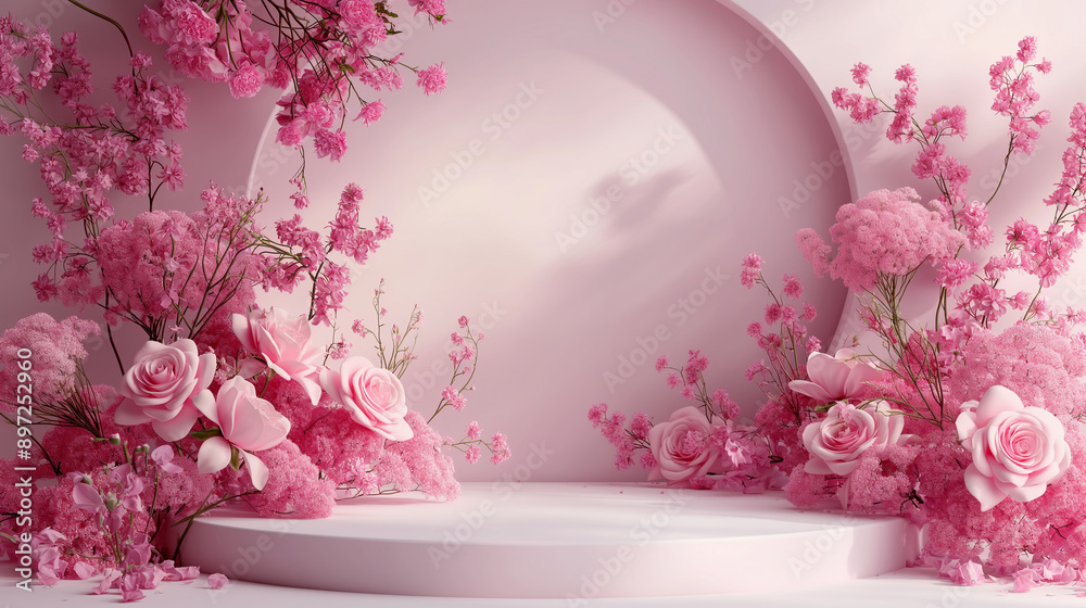 Pink podium with rose flowers, mockup for romantic product display Pink podium with rose flowers, mockup for romantic product display