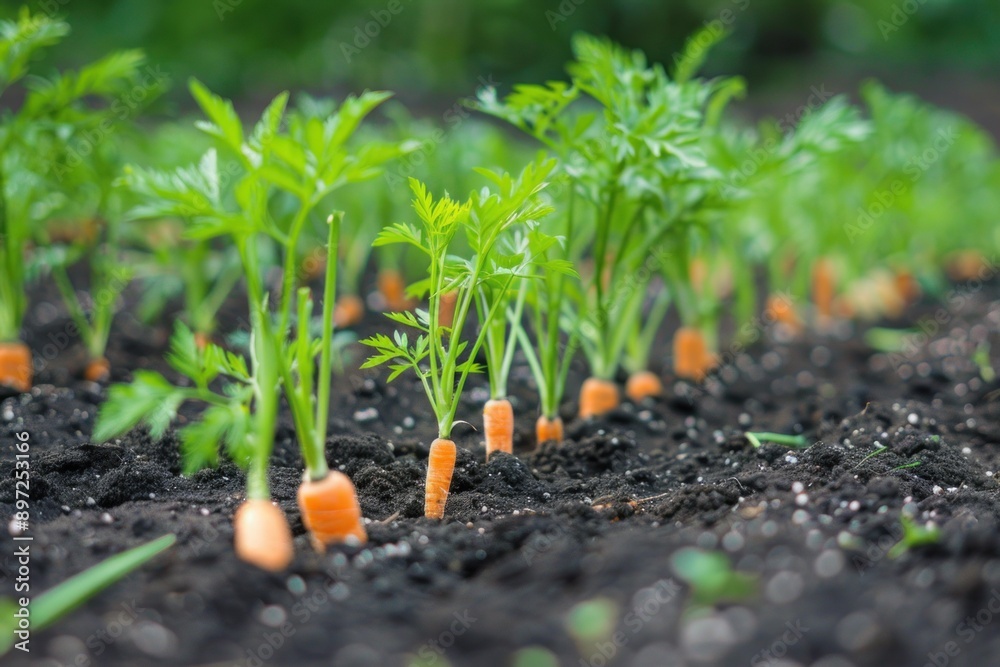 Young organic carrots growing in a row in fertile soil Young organic carrots growing in a row in fertile soil