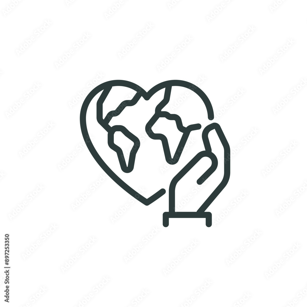 Thin outline icon hand hugs planet earth in heart symbol. line sign world environment day, community global support caring for the world. Vector isolated pictogram on white background editable stroke. Thin outline icon hand hugs planet earth in heart symbol. line sign world environment day, community global support caring for the world. Vector isolated pictogram on white background editable stroke.
