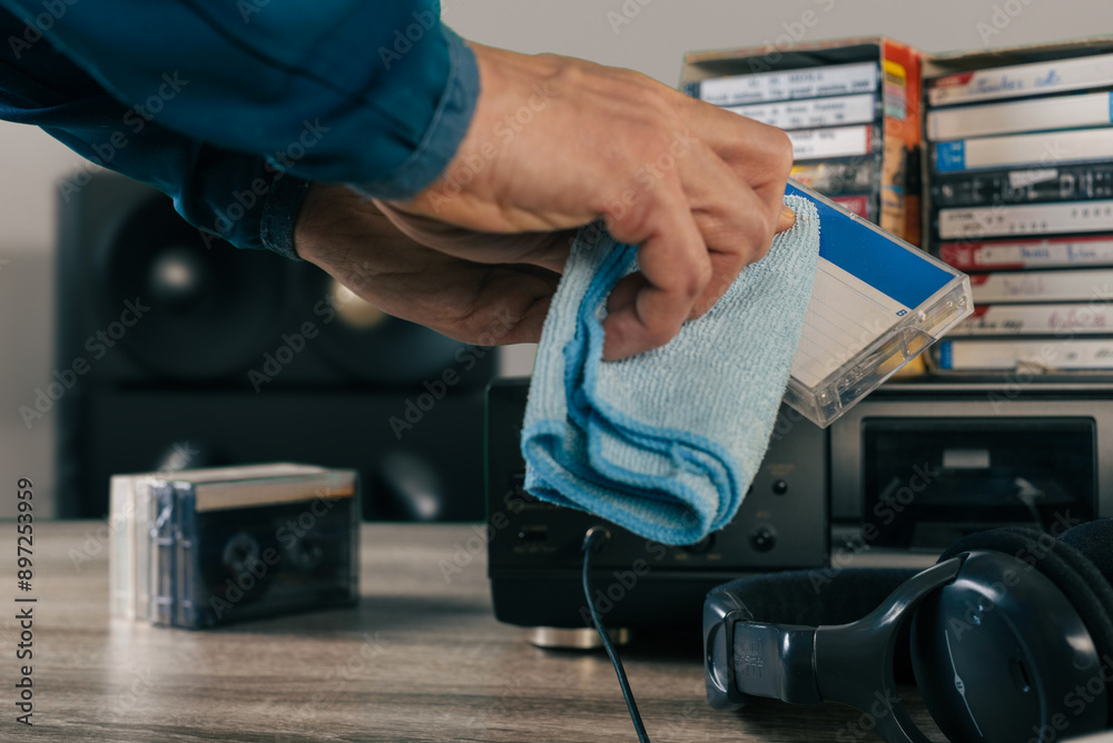 Unrecognizable man doing wet cleaning and dusting old cassette tape. Pristine audio system in a cozy room, combining modern technology and nostalgia for an immersive music experience Unrecognizable man doing wet cleaning and dusting old cassette tape. Pristine audio system in a cozy room, combining modern technology and nostalgia for an immersive music experience