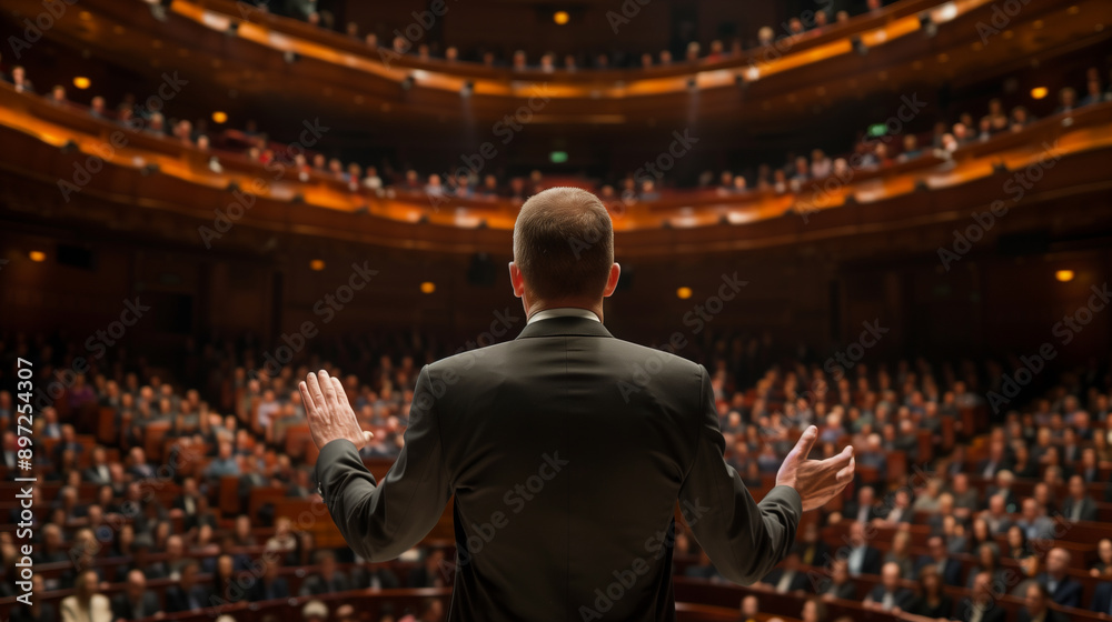 business man giving an speech in front of the audience at theater business man giving an speech in front of the audience at theater