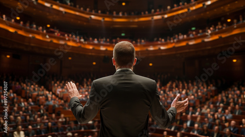 business man giving an speech in front of the audience at theater