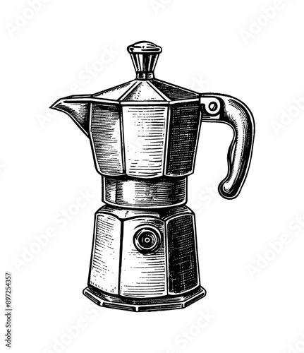 coffee brewer engraving black and white outline