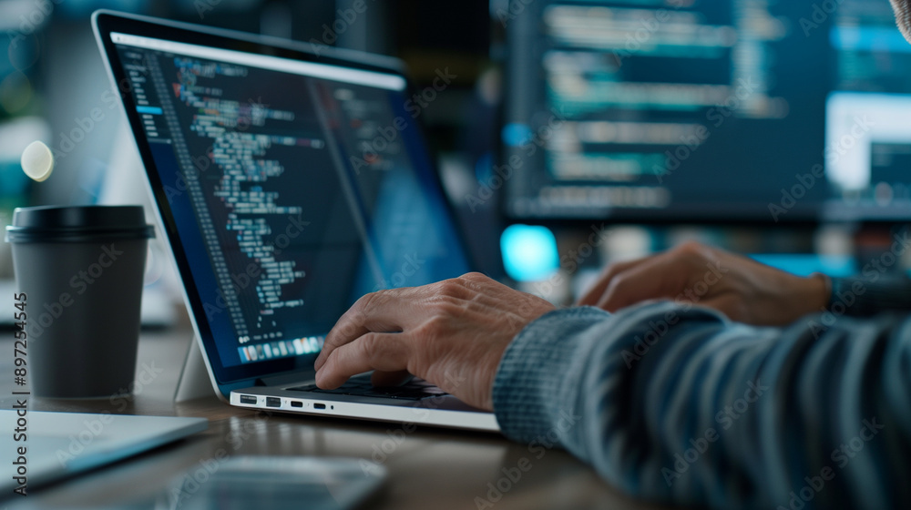Close-up of a software developer's hands coding on a laptop at a modern office desk Close-up of a software developer's hands coding on a laptop at a modern office desk