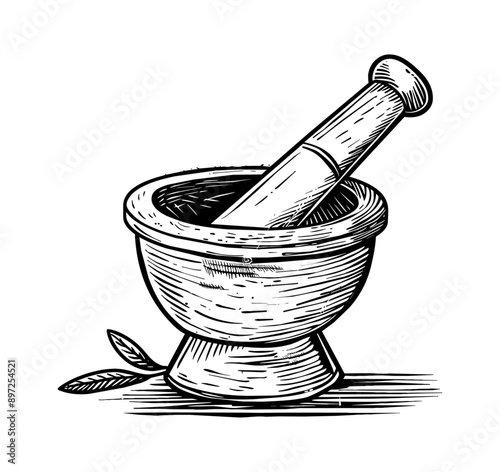 mortar pestle engraving black and white outline