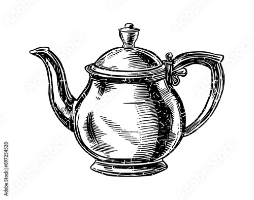 retro tea pot engraving black and white outline