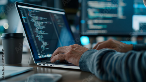 Close-up of a software developer's hands coding on a laptop at a modern office desk photo