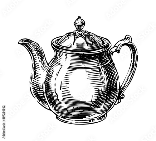 retro tea pot engraving black and white outline