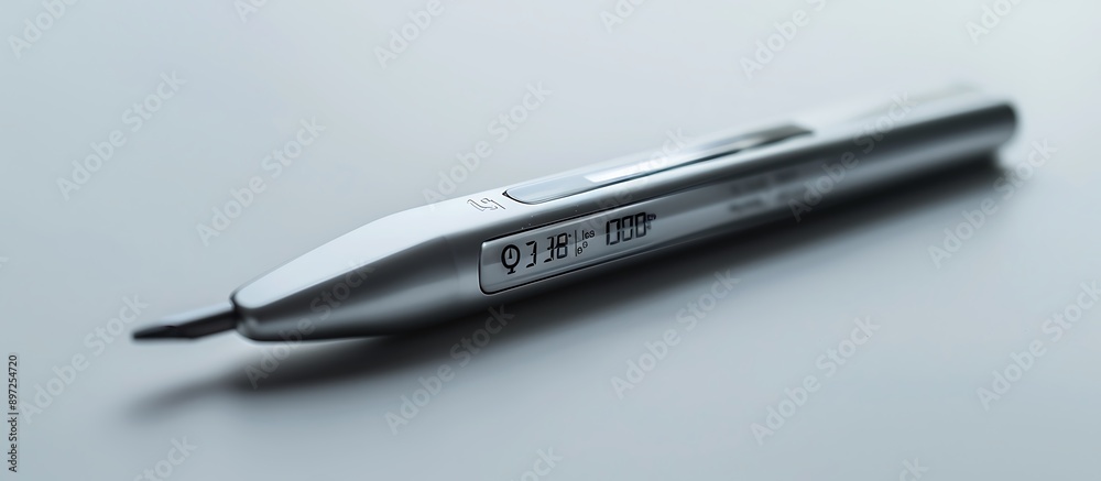 A digital thermometer with a sleek design featuring an LED display lying flat on a white surface The clean lines and modern look emphasize its precision A digital thermometer with a sleek design featuring an LED display lying flat on a white surface The clean lines and modern look emphasize its precision