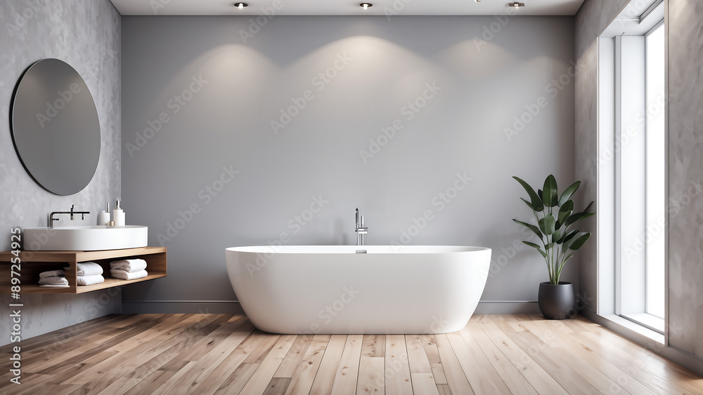 Minimalist Bathroom with White Bathtub and Wooden Floor Minimalist Bathroom with White Bathtub and Wooden Floor