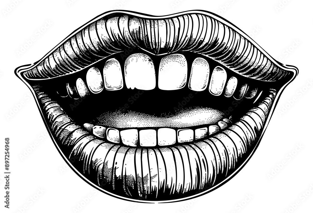 Fototapeta premium lip smile mouth engraving black and white outline