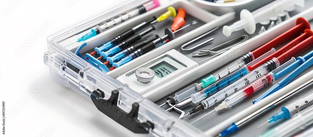 A high-quality medical tool kit featuring a digital thermometer syringes and various diagnostic tools all organized in a compact transparent case isolated on a white background A high-quality medical tool kit featuring a digital thermometer syringes and various diagnostic tools all organized in a compact transparent case isolated on a white background